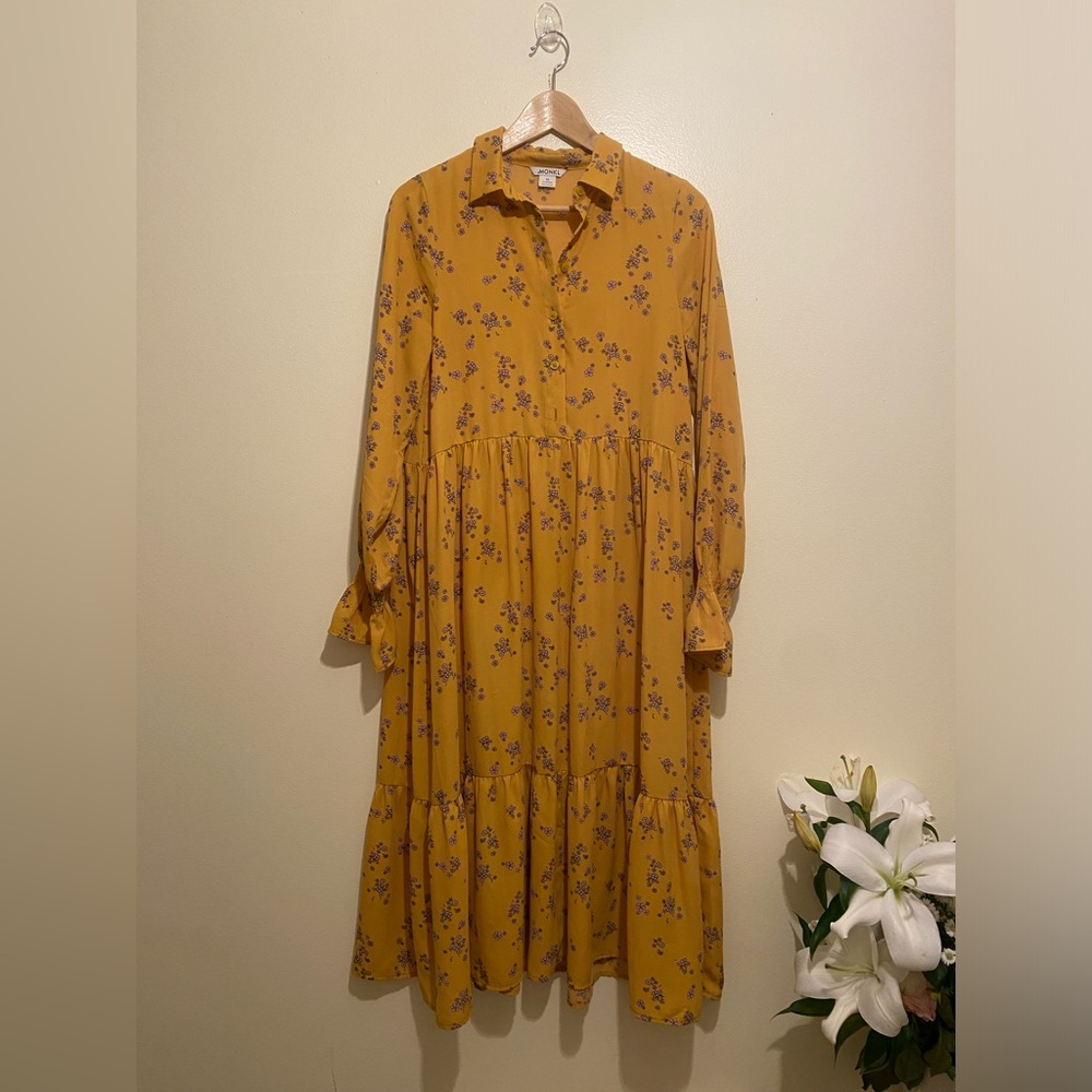 Monki Mustard Yellow Floral Long Sleeve Dress. Size Xs